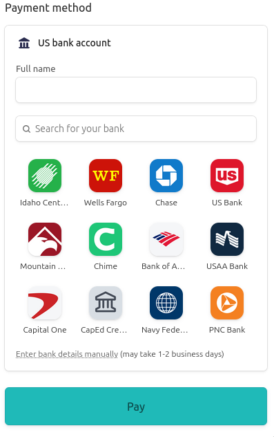 Stripe ACH bank selection screen with the manual entry option visible at the bottom
