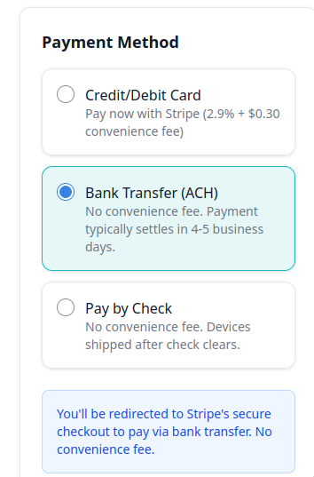 Stripe checkout showing payment method options including ACH